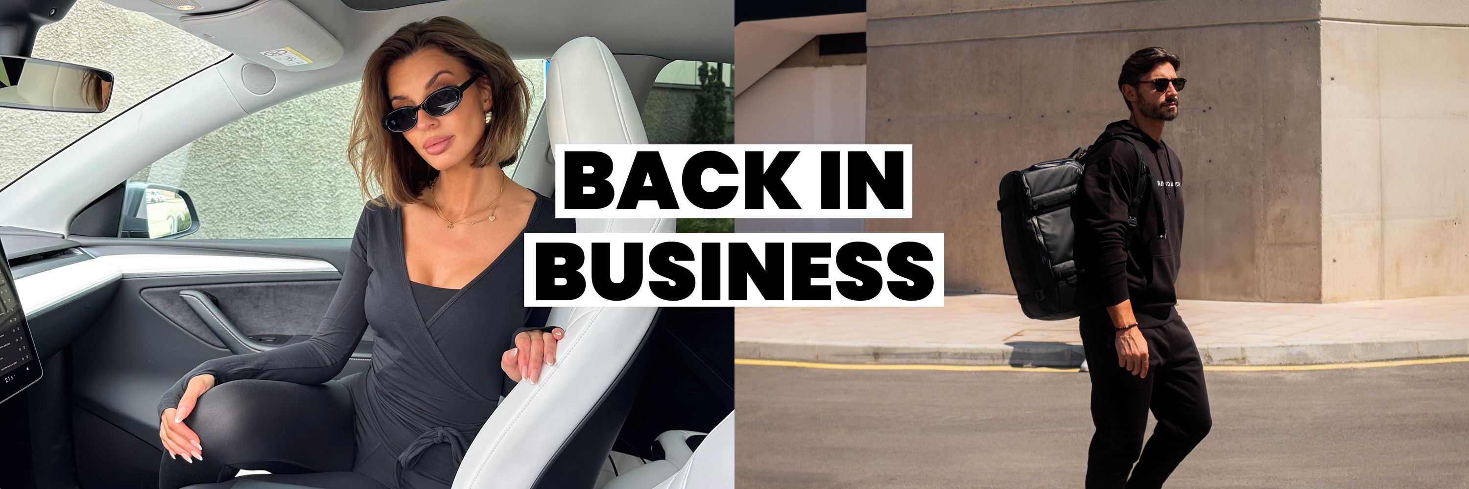 A woman in sunglasses sits in a car, and a man with a backpack walks outside. Text reads "Back in Business."